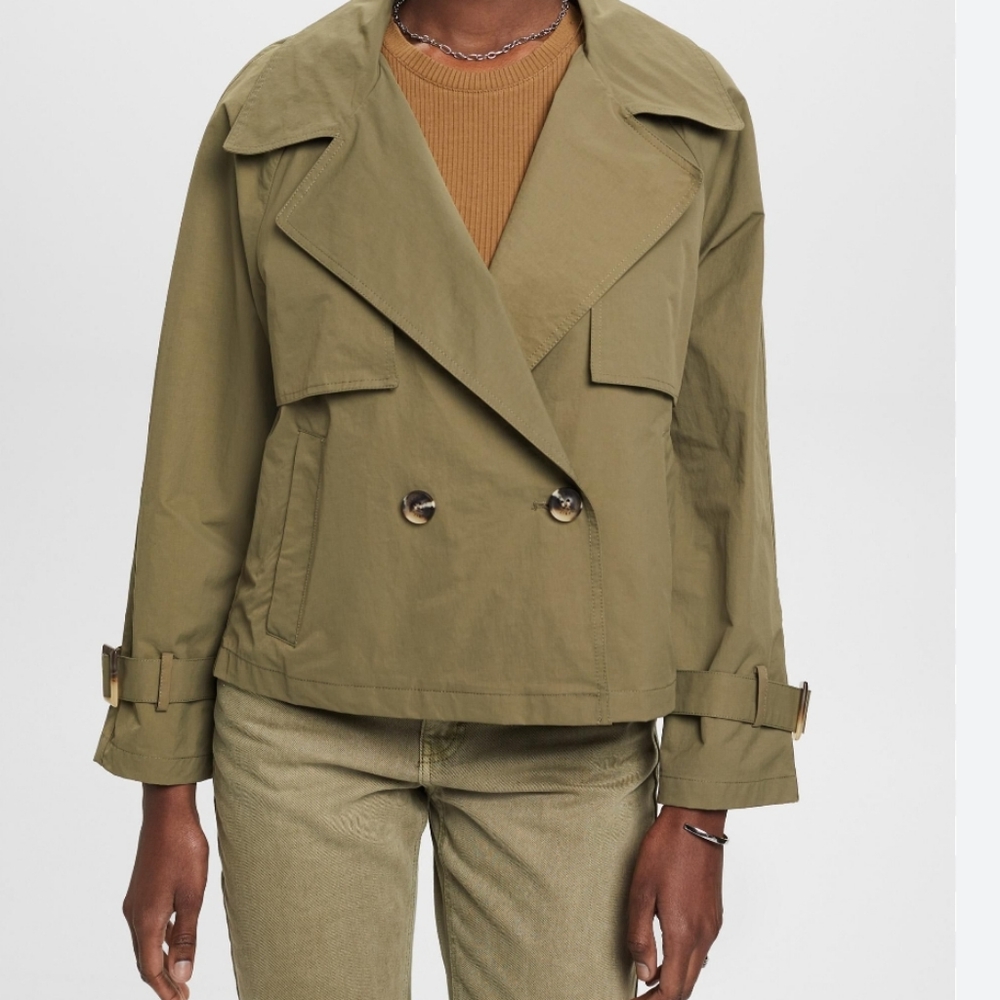Cropped Double Breasted Khaki Trench Jacket Size L